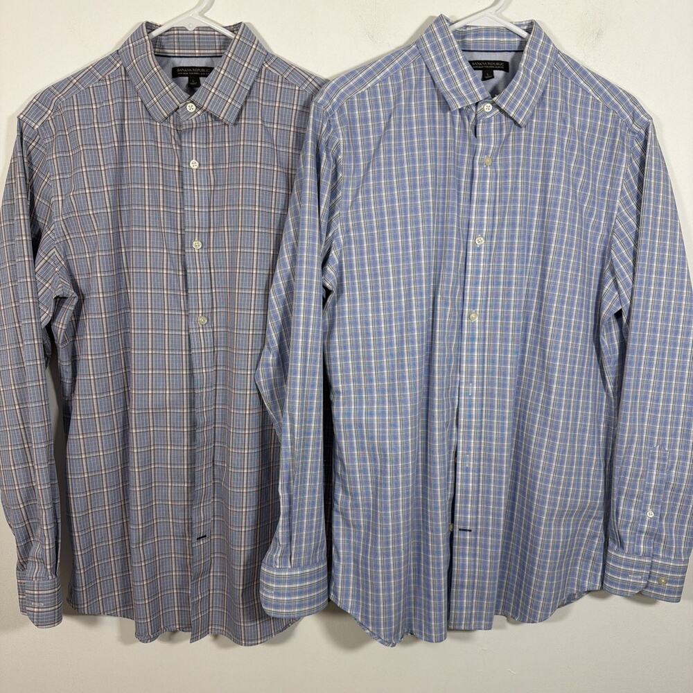Banana Republic Non Iron Slim Fit Button‎ Up Dress Shirt Large Blue Plaid Bundle